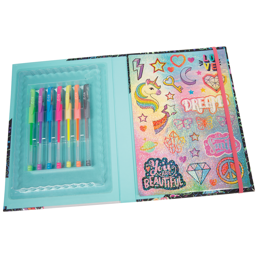 Gel pens and sparkled stickers inside of the Art Feeds Sparkling Journal