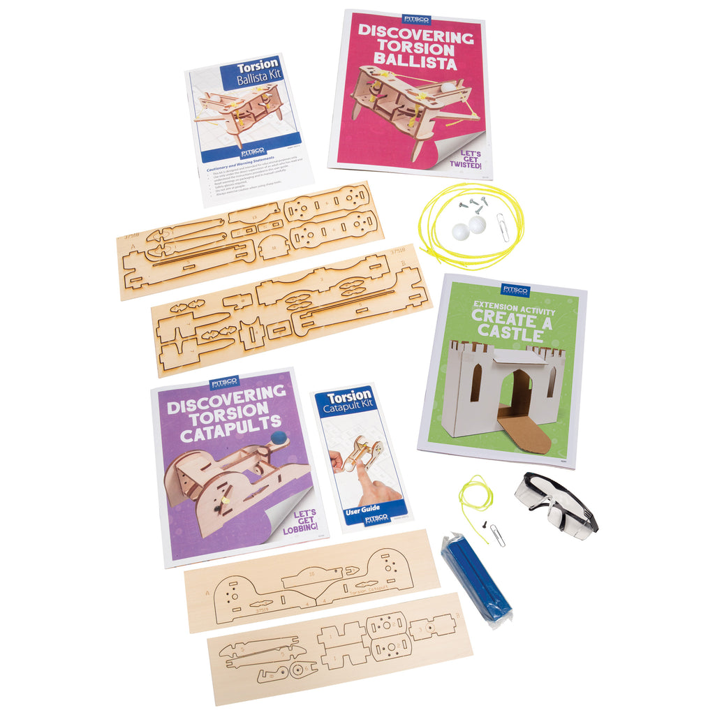 Discovering Torsion Ballista and Discovering Torsion Catapults activity guides and their materials.