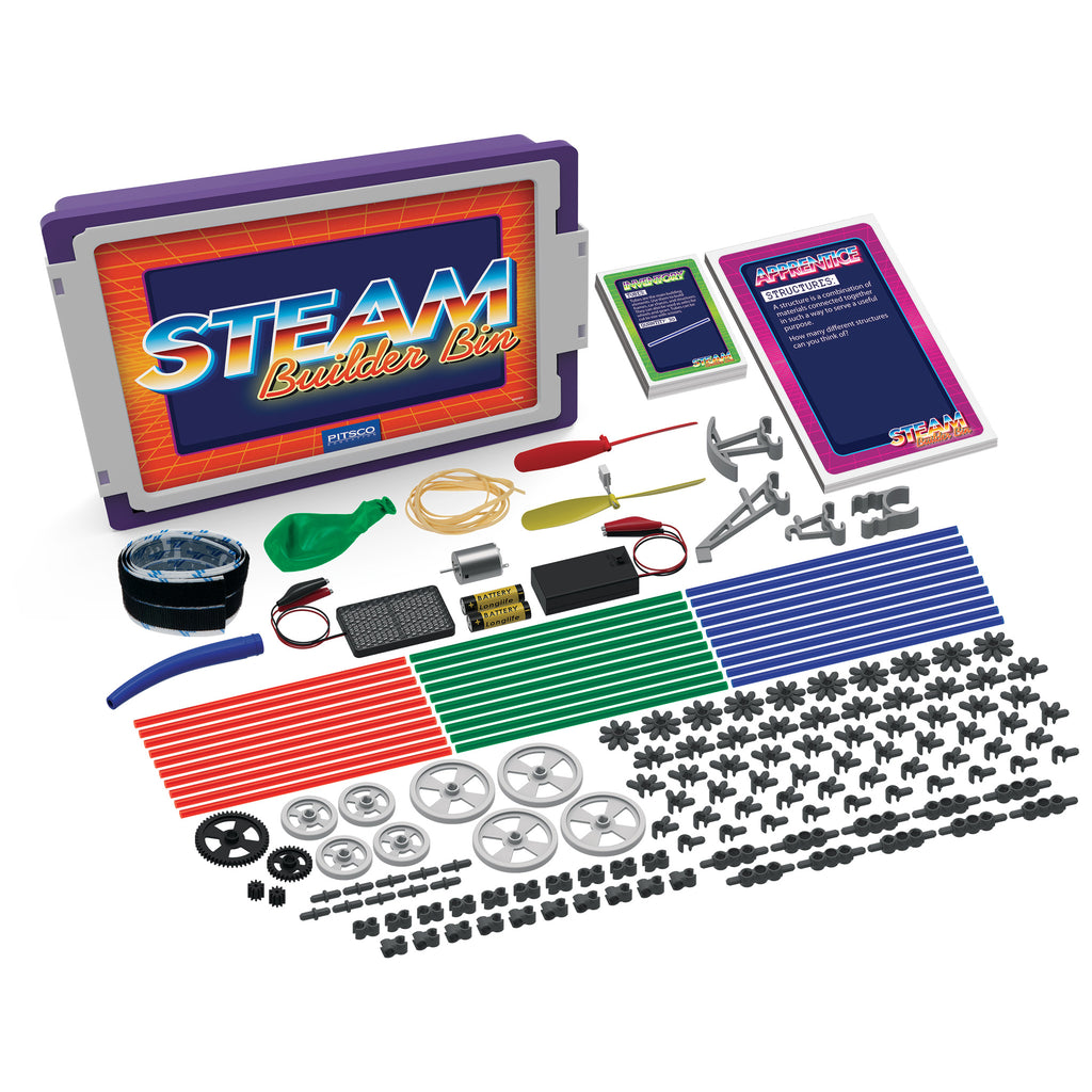 STEAM Builder Bin materials, idea prompt cards, and storage bin