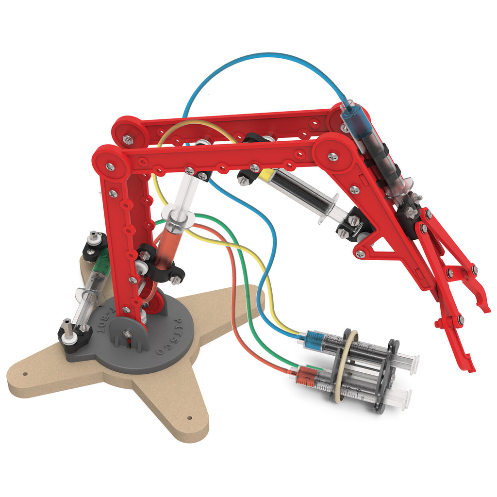 Red T-Bot Hydraulic Arm with colorful liquid in the syringes and tubes